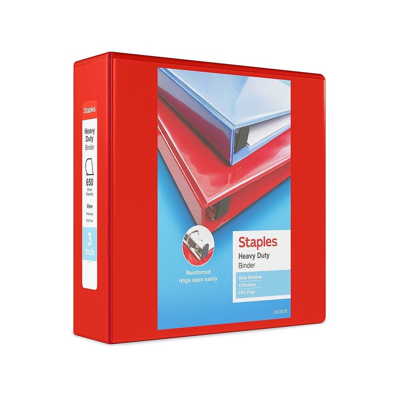 Staples 976064 3-Inch Staples Heavy-Duty View Binders with D-Rings Red - Image 1